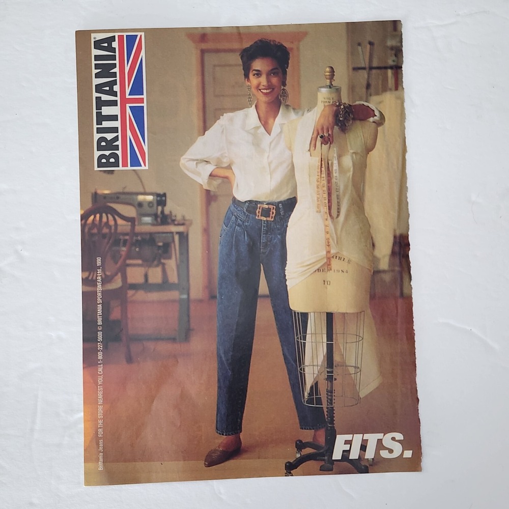 1990 Brittania Jeans Vintage Print Ad Fits Fashion Model Magazine Clipping Art